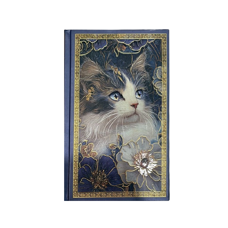 Diario de papel de gato con flores de color azul oscuro